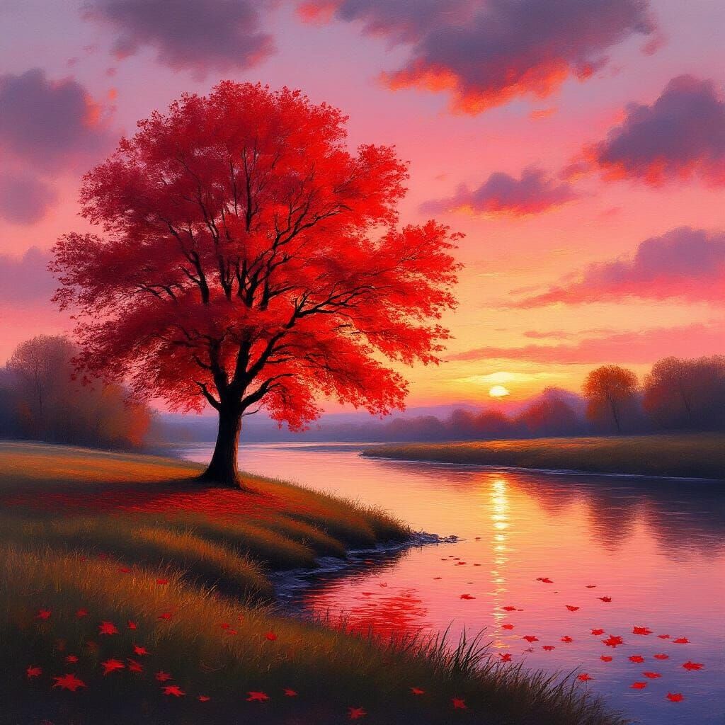 Autumn Maple at Dusk in Impressionistic Style