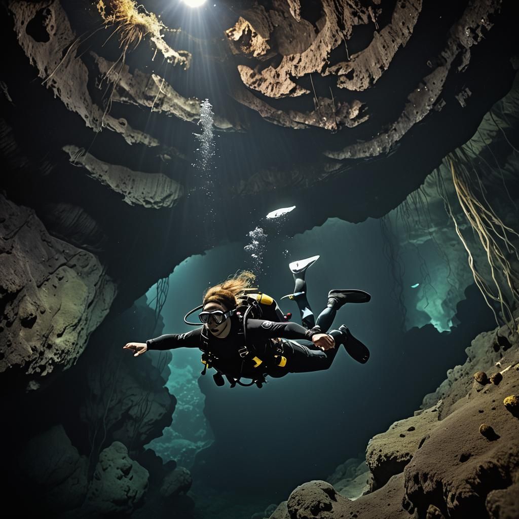 Underwater Diver Before Dark Cave Entrance