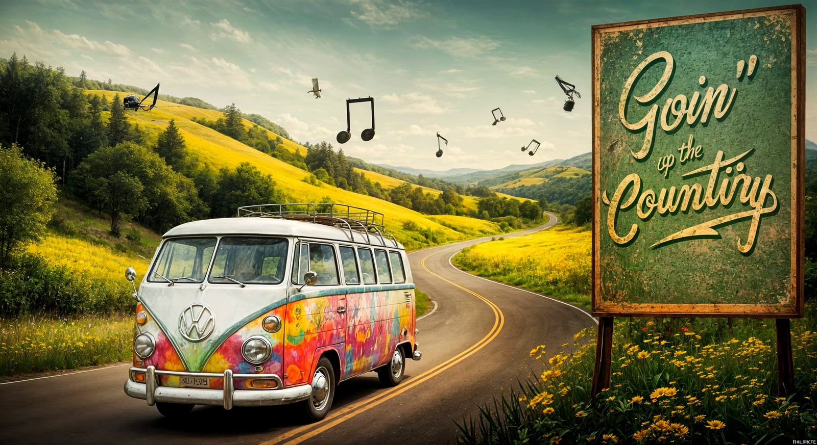 Hippie VW Bus on Country Road as Impressionist Art