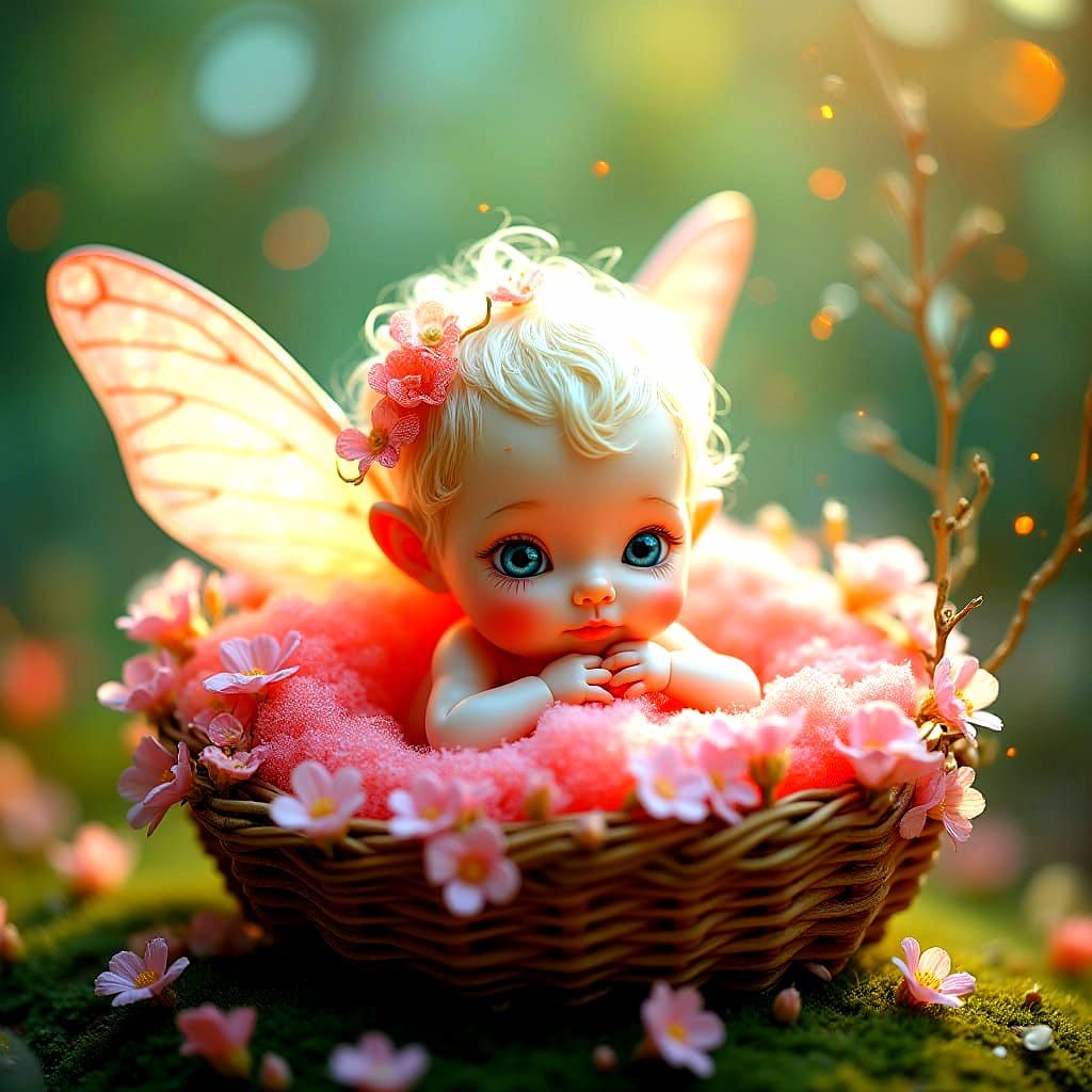 Delicate Baby Fairy in a Flower Basket, Surrounded by Sparkl...