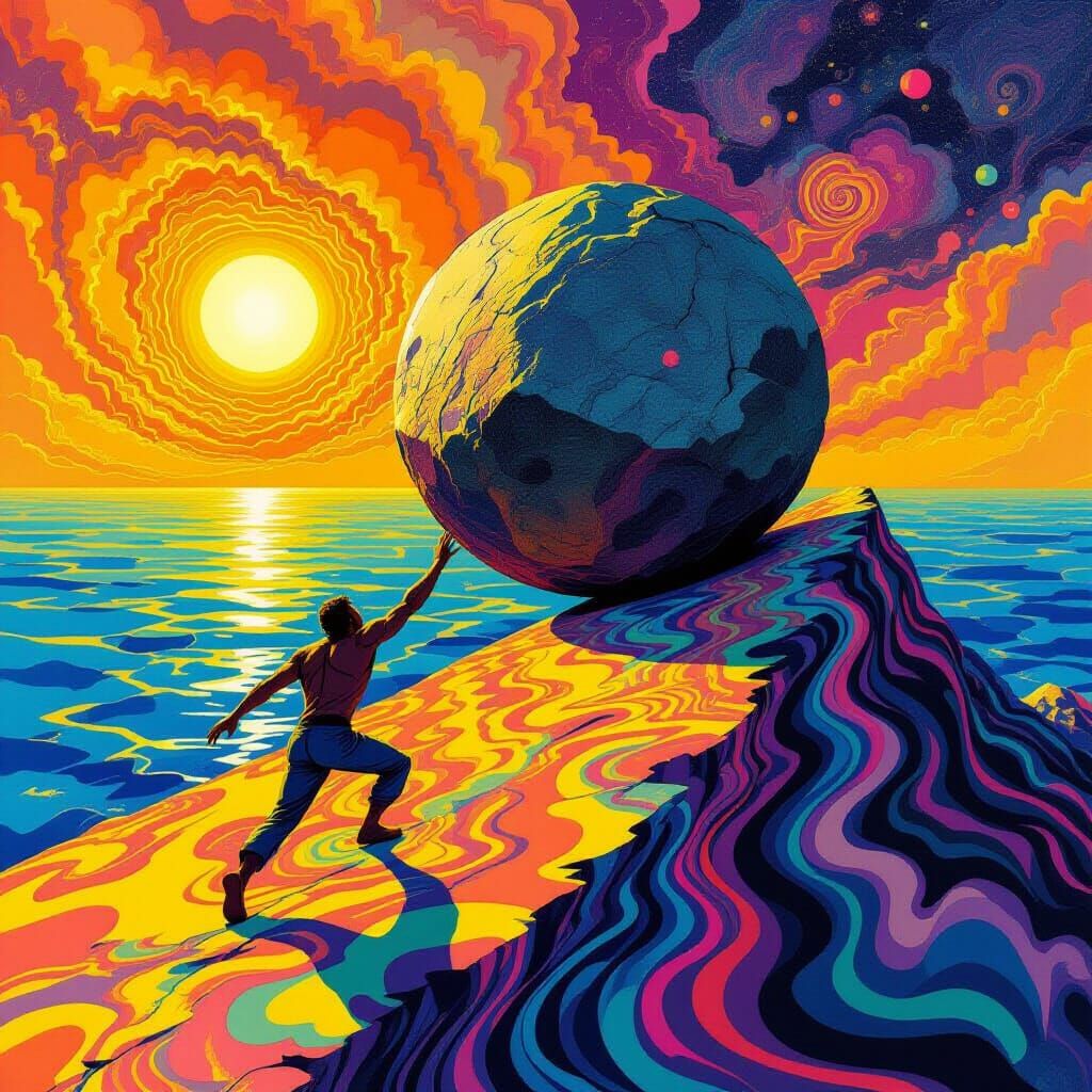 Sisyphus Pushing Boulder on Psychedelic Möbius Island