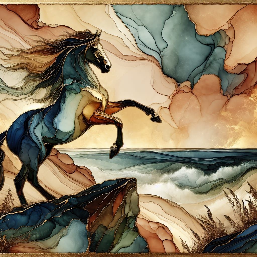 Horse on Windy Cliff in Alcohol Ink Style