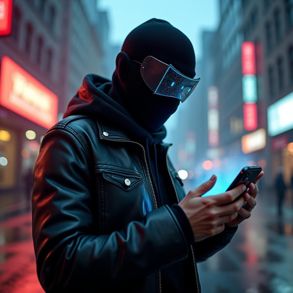 American Scammer in Mask with Futuristic Phone