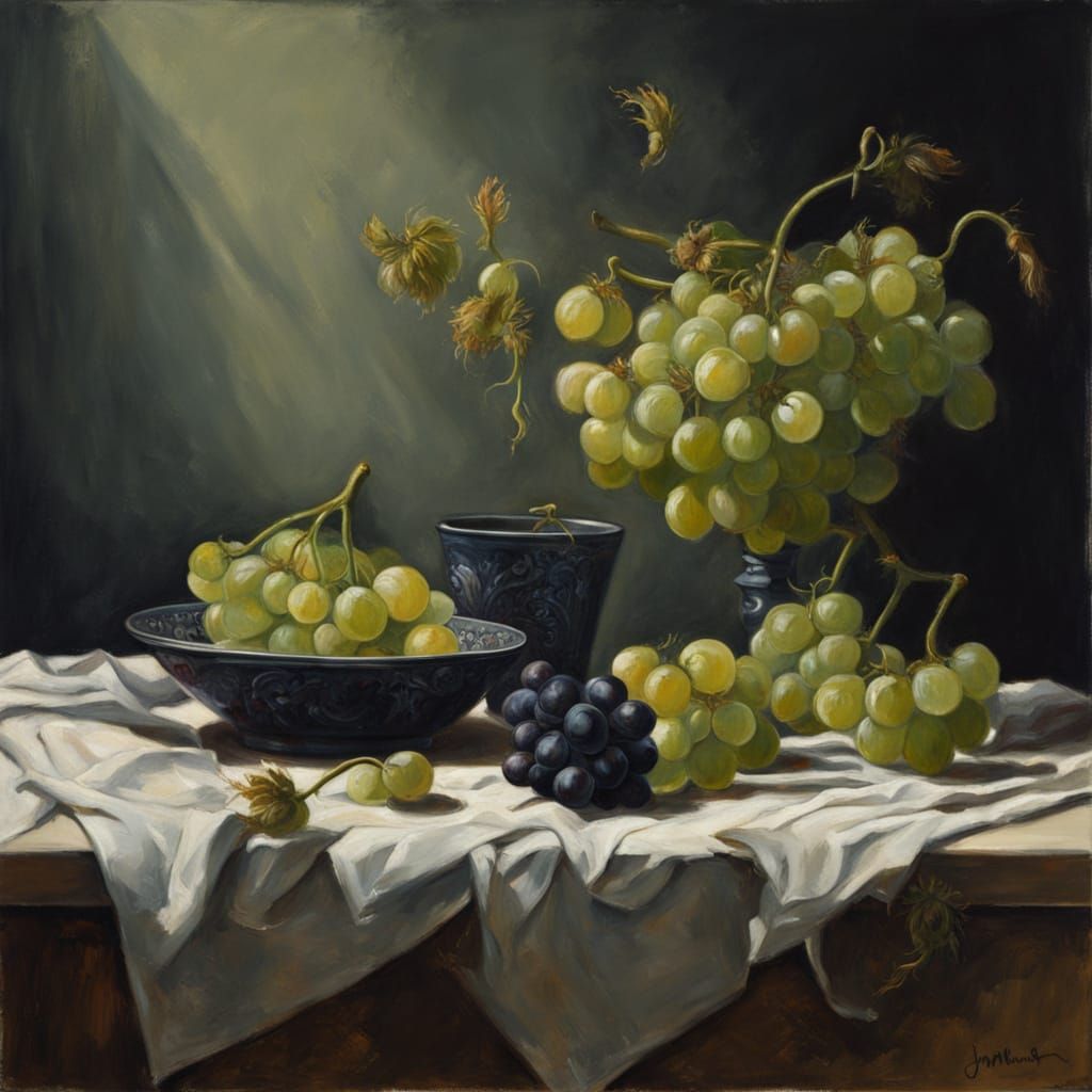 Pre-Raphaelite Still Life: Bloomless Poppies and Green Grape...