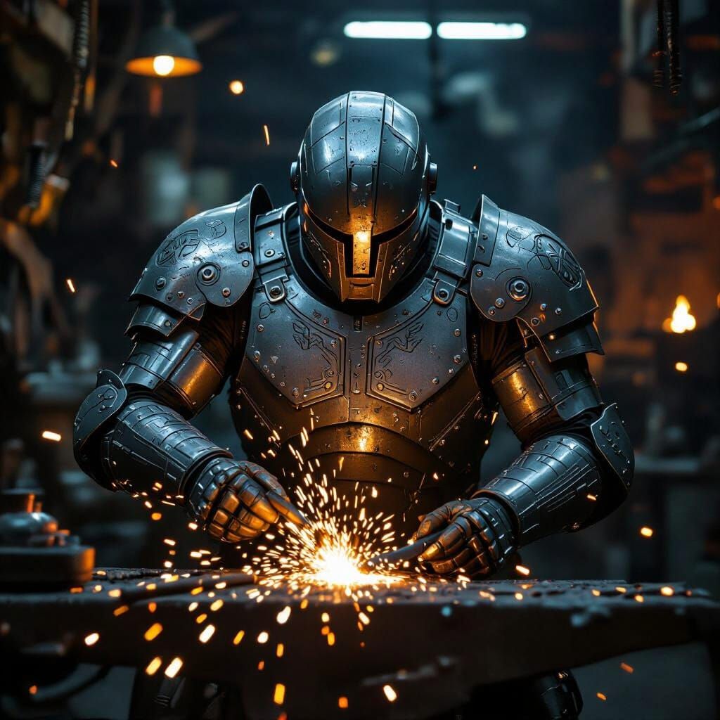 Blacksmith Welding Intricate Armor in Industrial Style