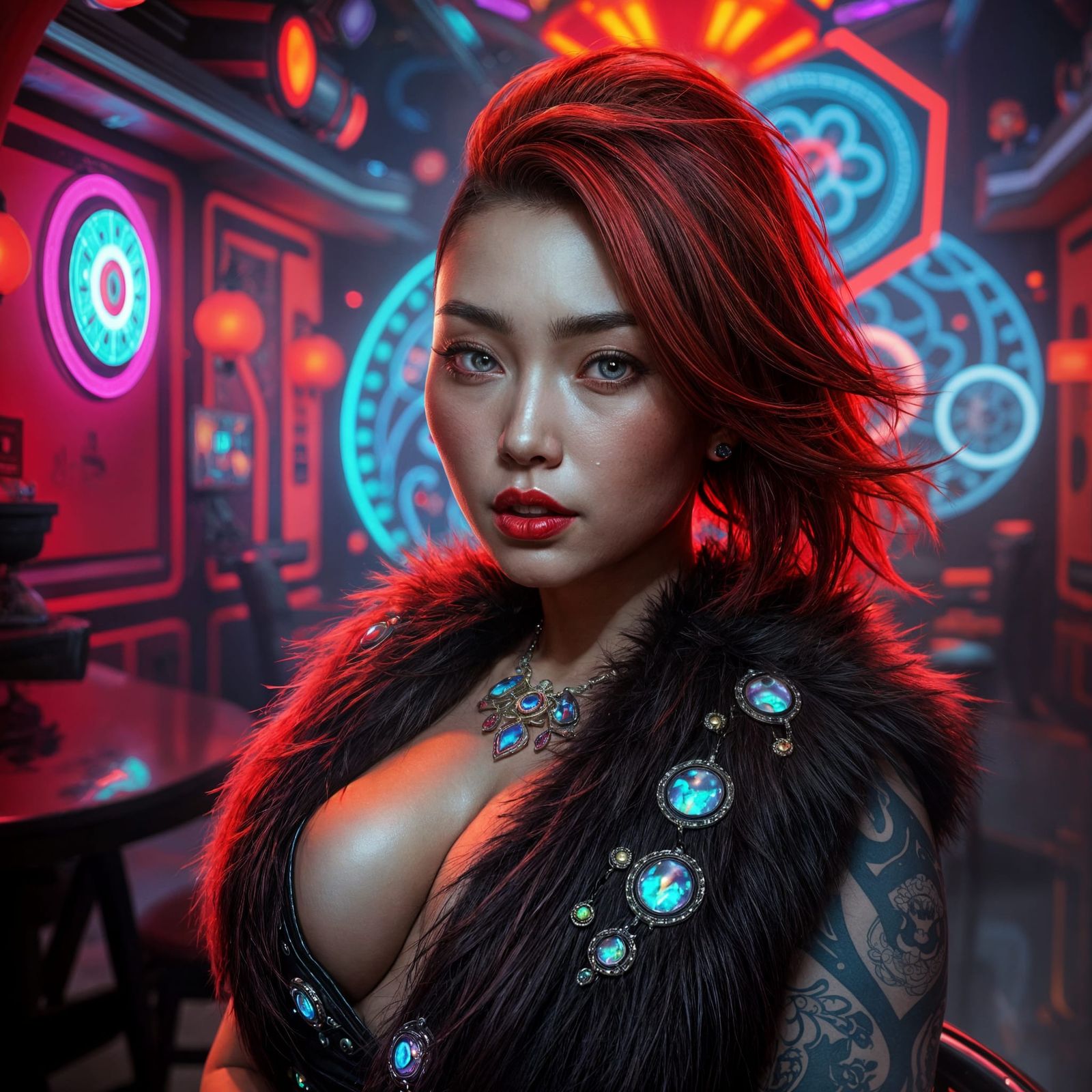 Cyberpunk Goddess in Tron-Inspired Tavern