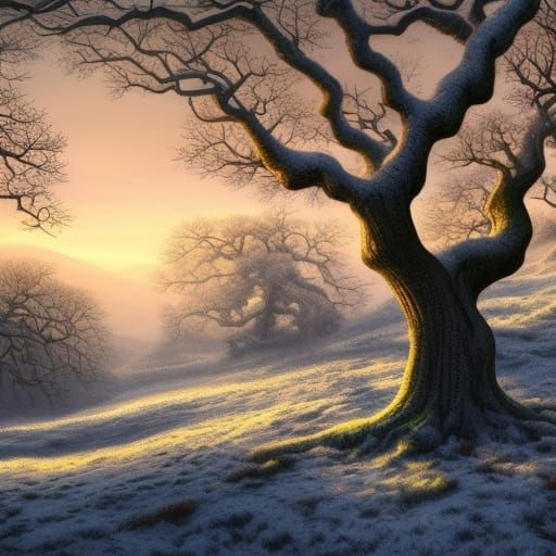 Winter Mountain Landscape with Twisted Trees