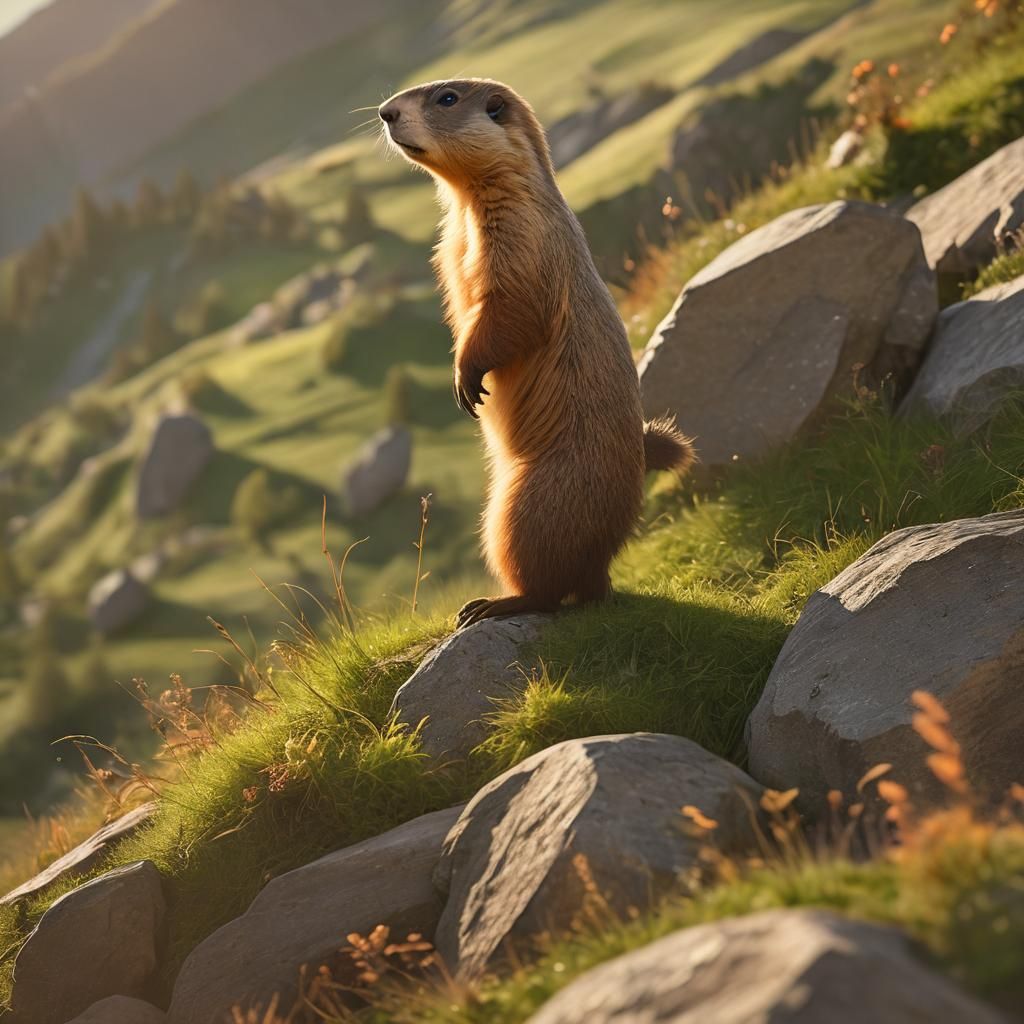 Marmot Overlooking Mountain Pastures in Sunlight