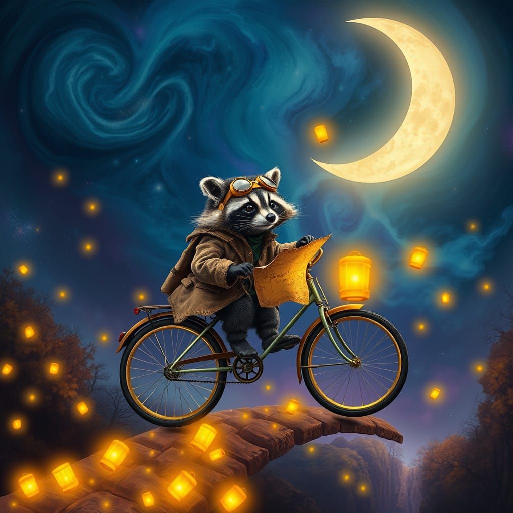 Raccoon Rides a Glowing Bicycle Across a Firefly Bridge at N...