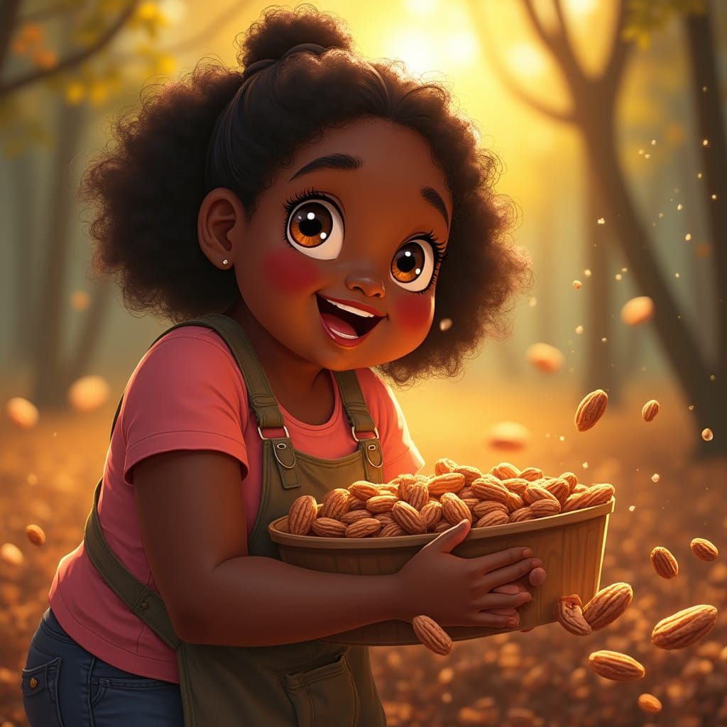 Vibrant Full-Figured Black Girl on Pecan Harvesting Class Pr...