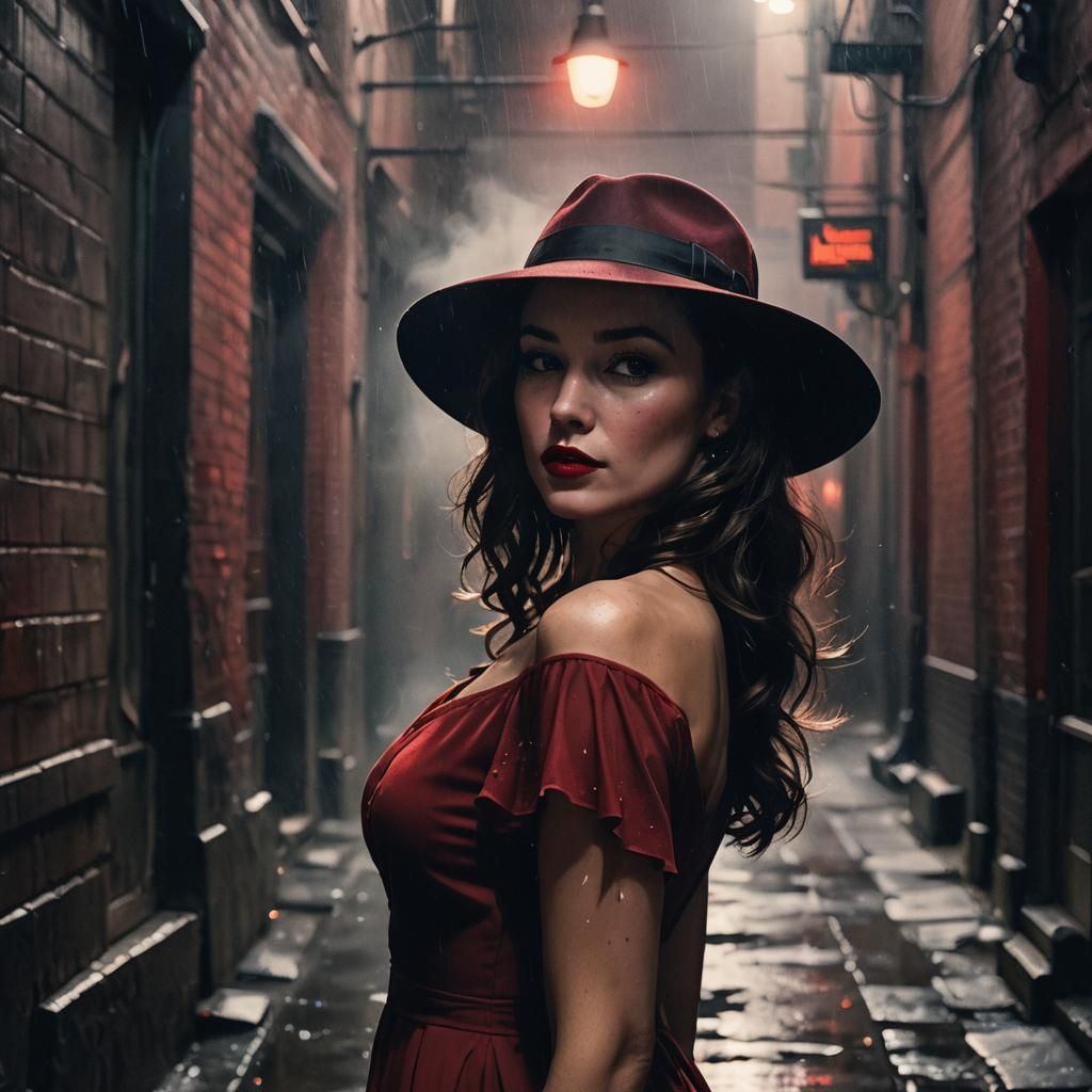 Film Noir Woman in Red Dress, Graphic Novel Style