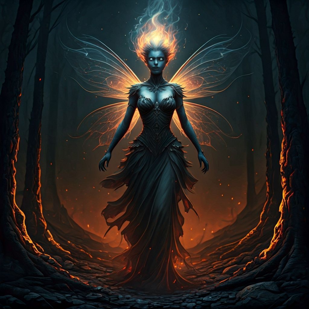 Smokey Stardust Fairy in Charred Forest, Dark Fantasy Art