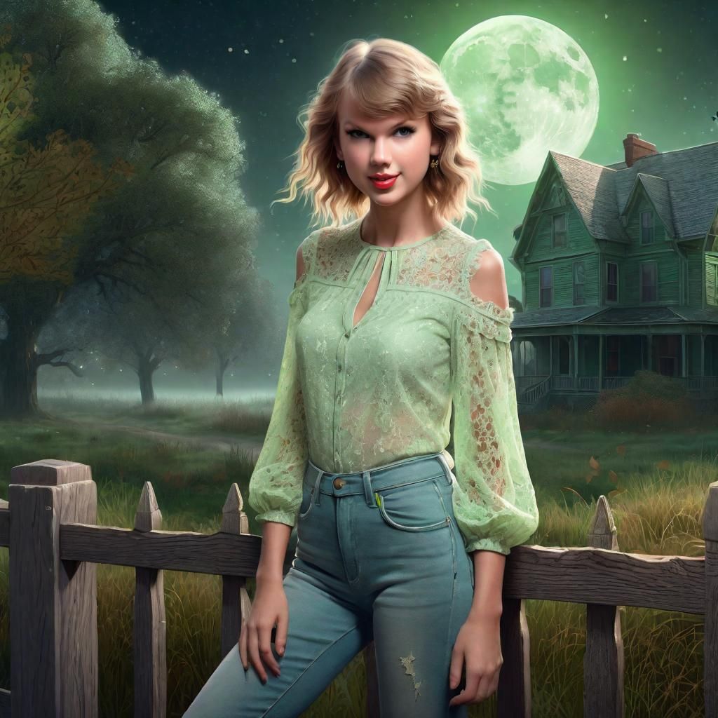 smiling Taylor Swift, Light green open lace blouse, Jeans, oak, Fall, Old House, old fence, bushes, Moonlight, Stars, et...