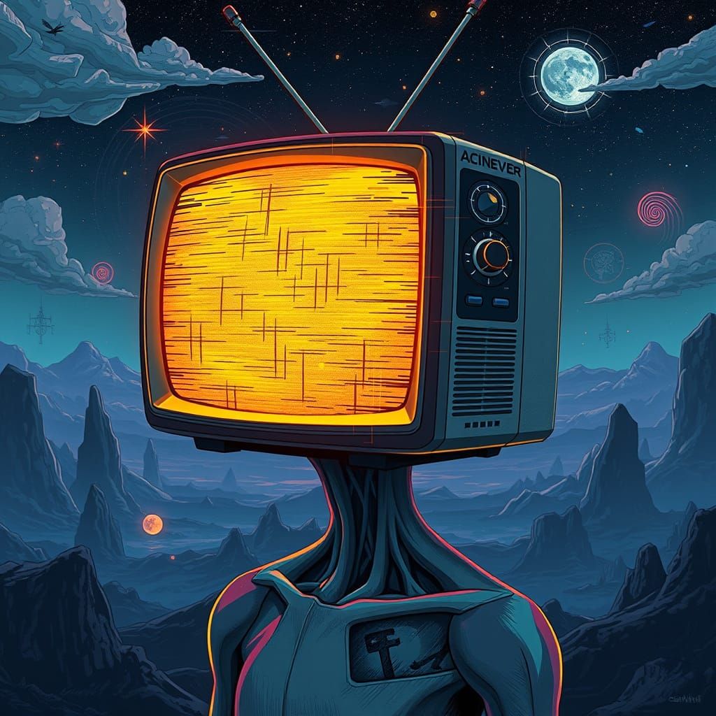 Surreal Figure Emerges from a TV Head in a Futuristic Dreams...