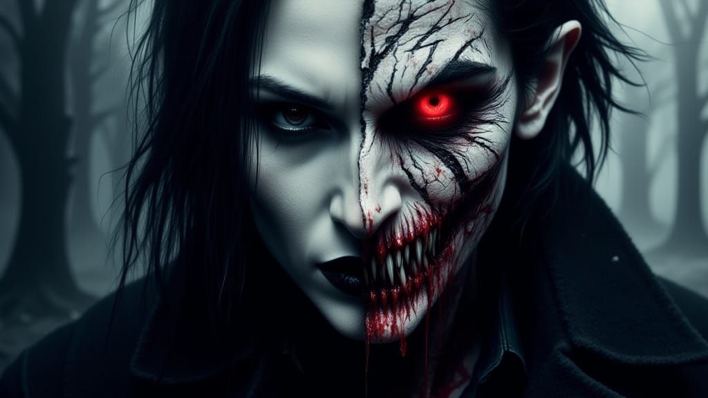 Dramatic Split Face Vampire Portrait in Gothic Style