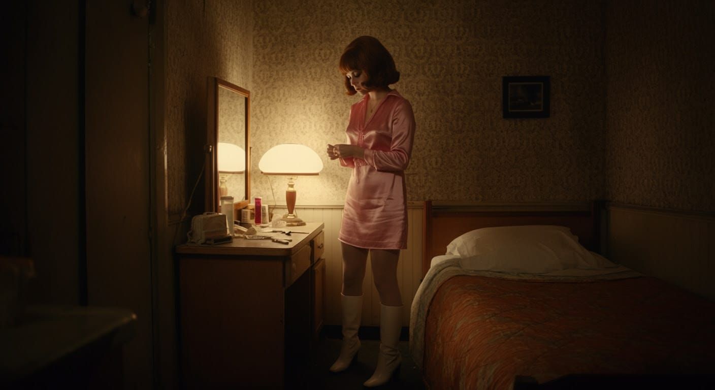 1960s Woman Prepares in a Gritty Motel Room