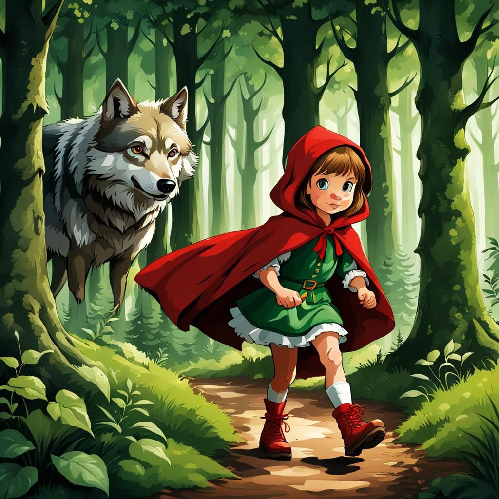 Little Red Riding Hood Meets the Wolf in a Lush Forest