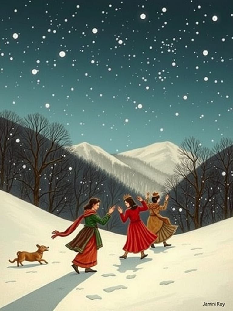 Vibrant Dance of Snow and Light in Filmic Style