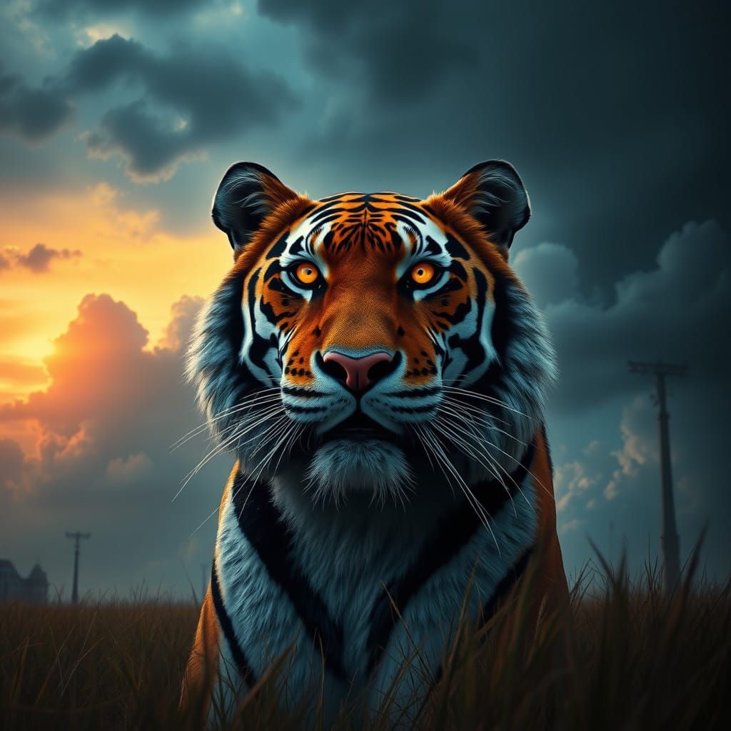 Majestic Tiger in Dramatic Stormy Sky, in Hyper-Realistic St...