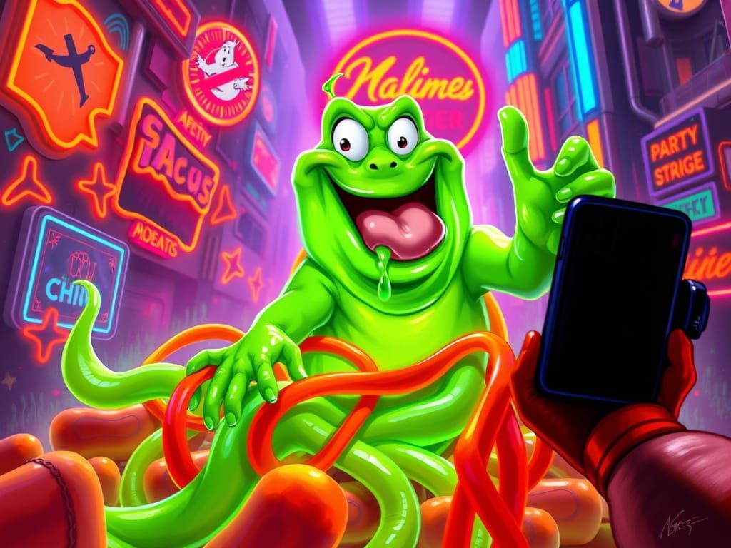Neon Slimer Photobombing a Sci-Fi Cityscape