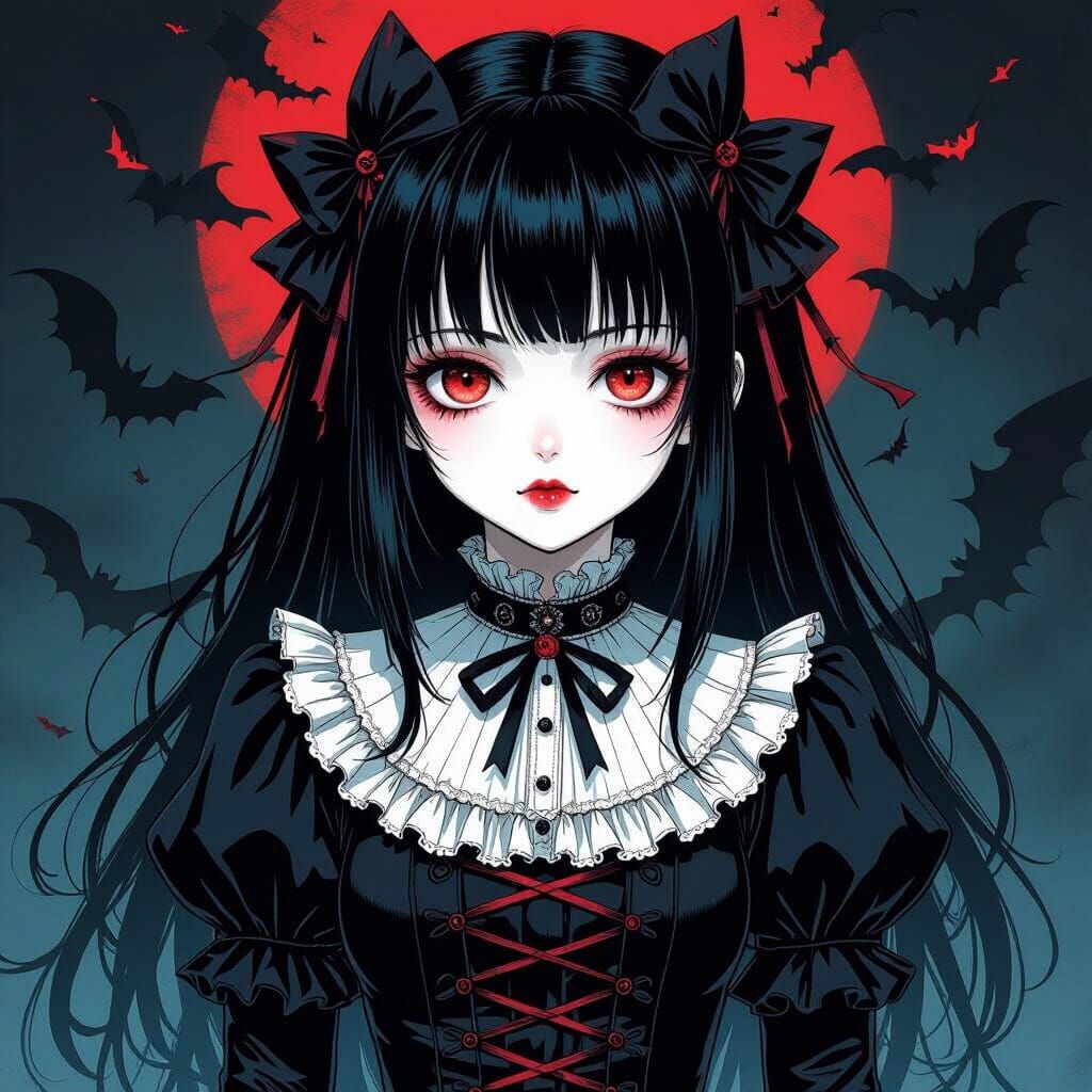 Anime Girl in Gothic Lolita Style with Demonic Shadows