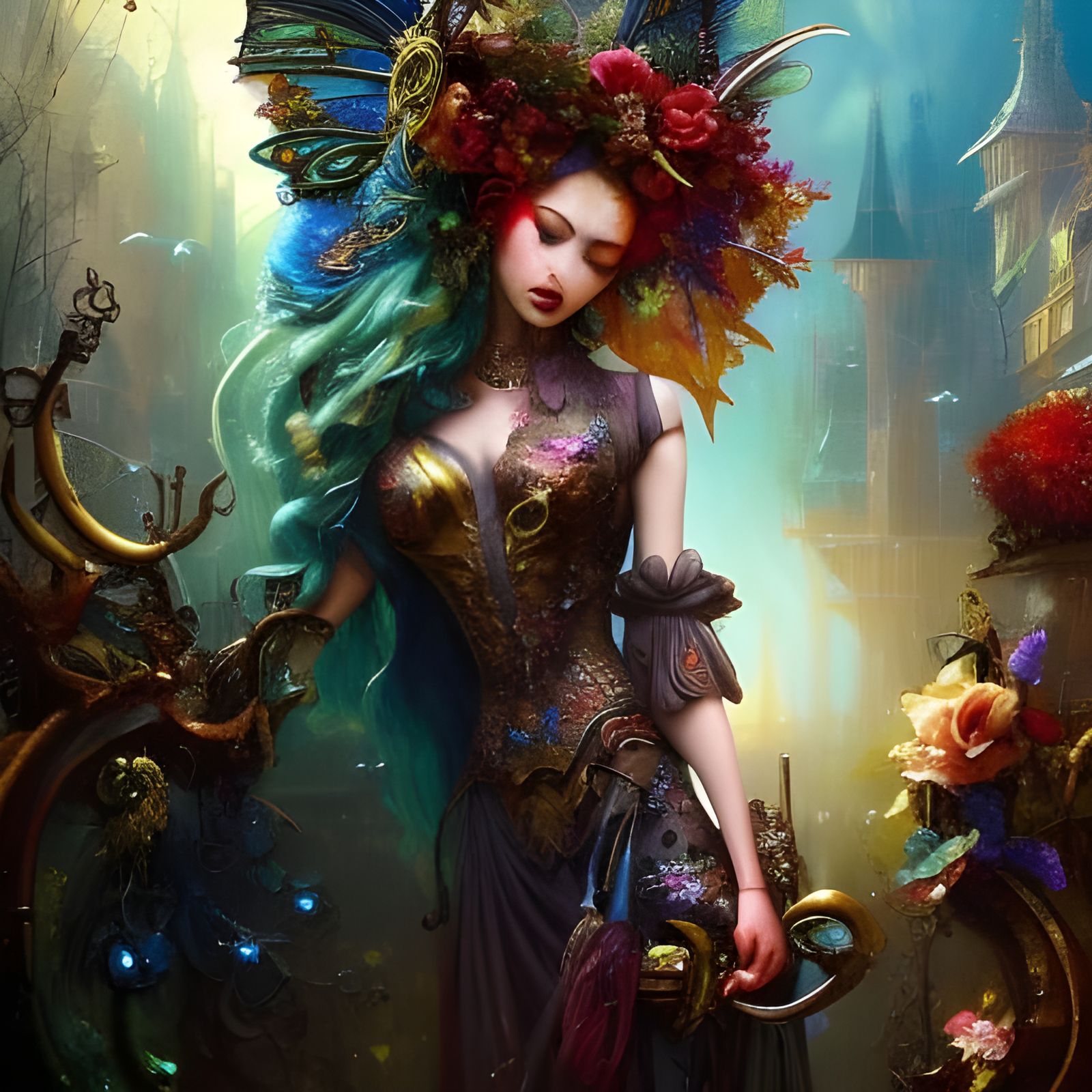 Cyberpunk Fairy Artist Painting a Frog: Detailed Digital Art