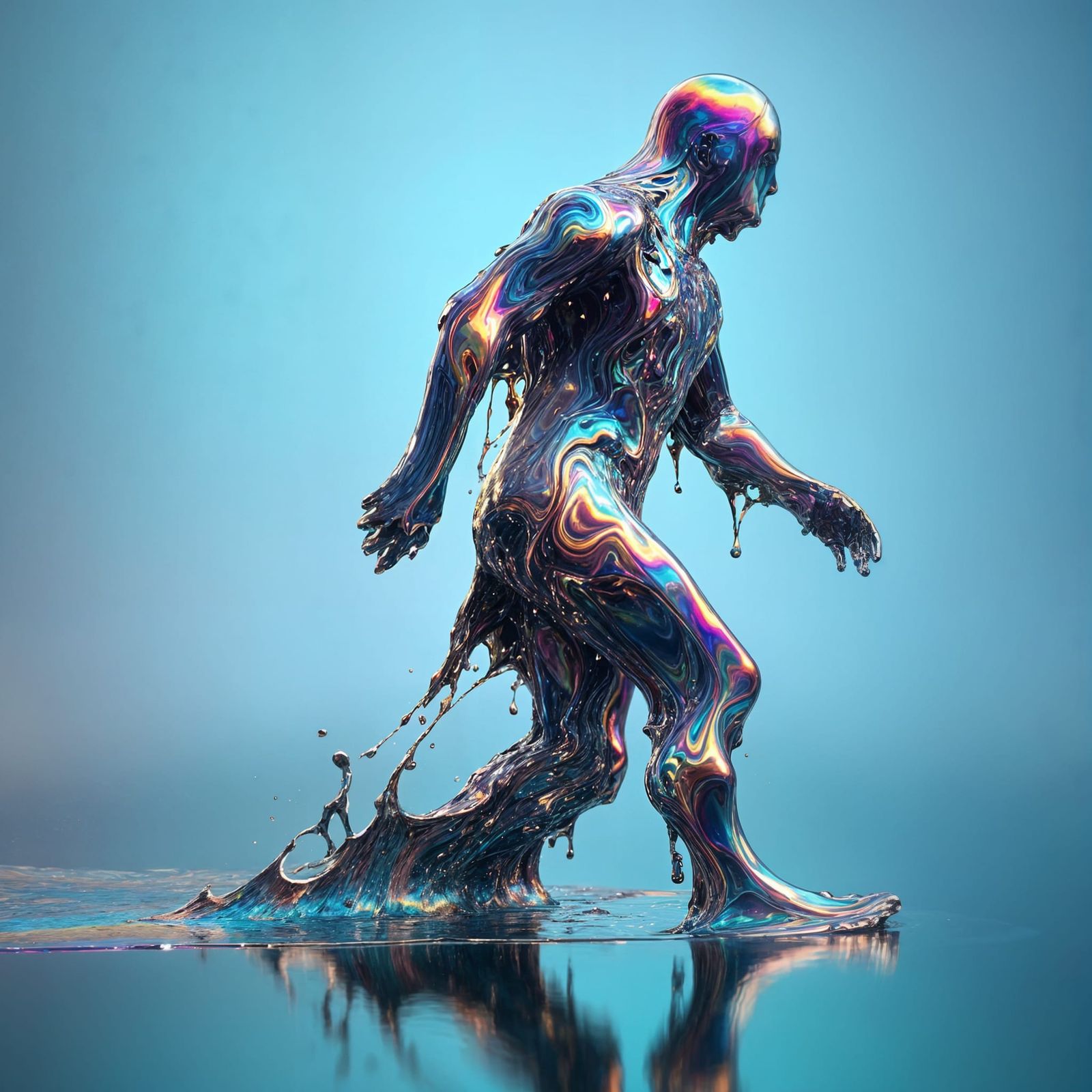 Iridescent Oil Spill Humanoid Rises from Water