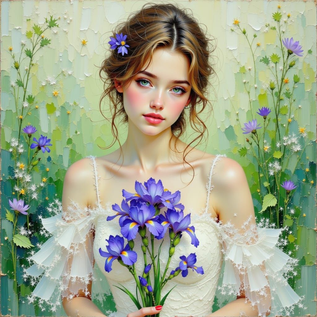 Woman with Irises in Impressionist Style