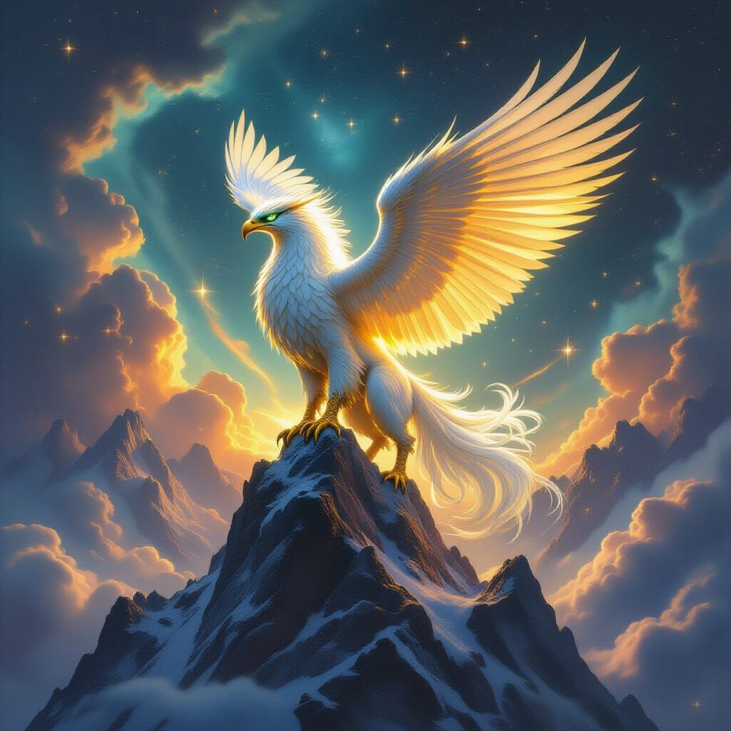 Majestic Griffin with Gold Feathers on Crystal Peak in Nebul...