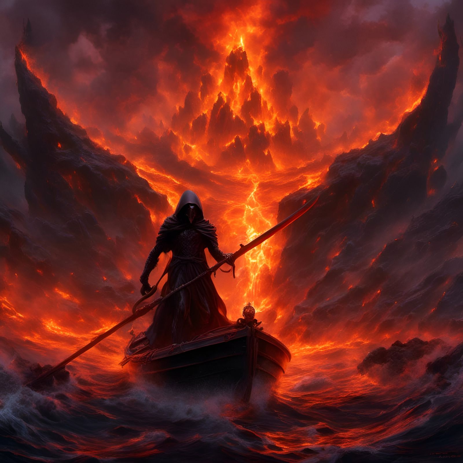 Grim Reaper Piloting Lava River Styx in Hyperrealism