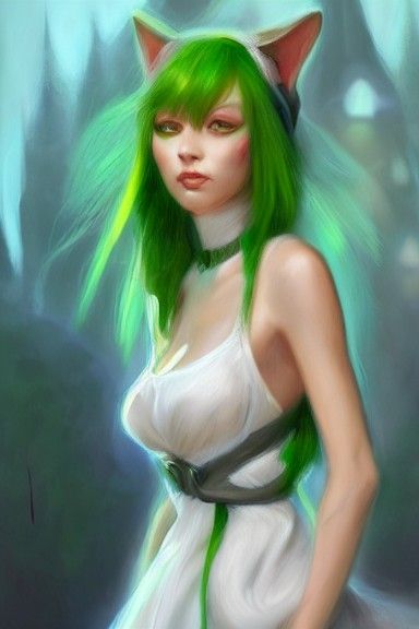Beautiful Green-Haired Catgirl Portrait, Oil Painting Style