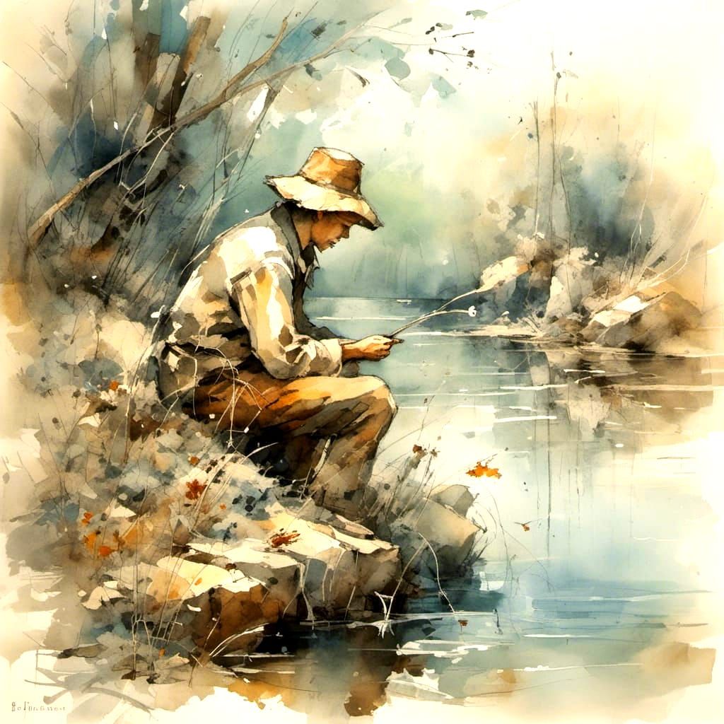 Boy Feeding Ducks in Vivid Watercolor Style