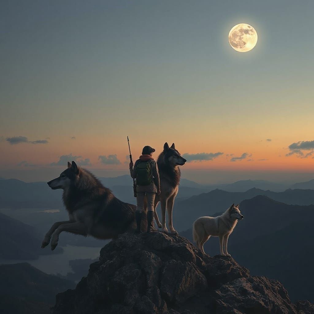 Moon Explorer with Wolves, Science Fiction Art