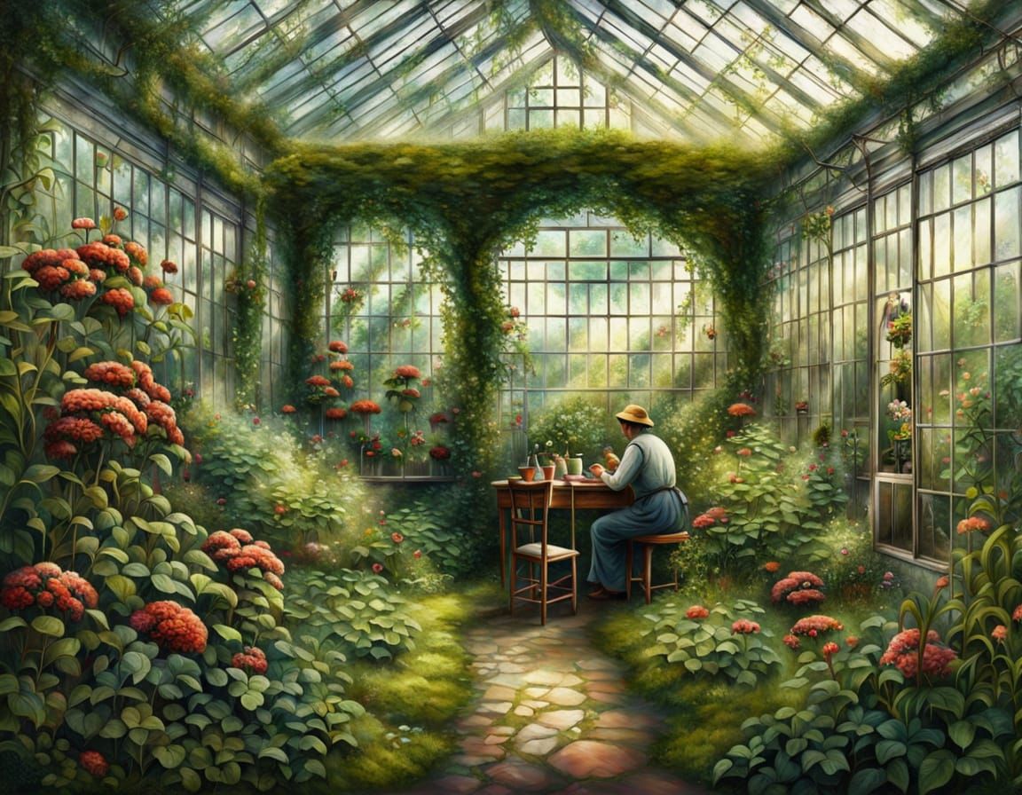 Gardener in Overgrown Greenhouse with Painterly Realism