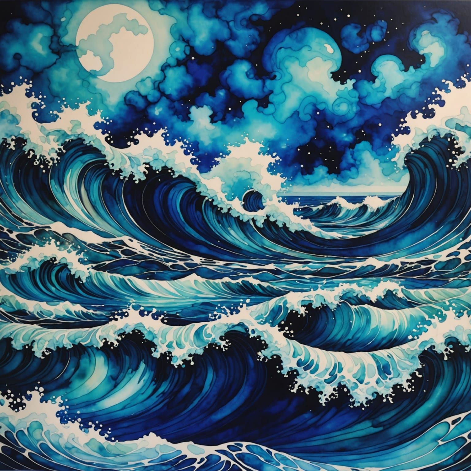 Surreal Blue Ocean Dreamscape: Alcohol Ink Painting