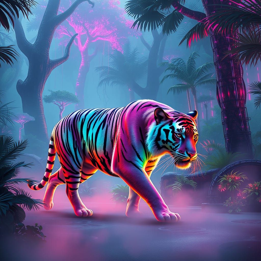 Cyberpunk Tiger Embarks on a Futuristic Jungle Quest