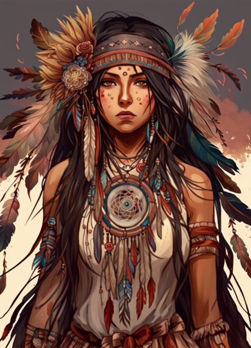 Gorgeous Anime Girl with Dreamcatcher in Native American Sty...