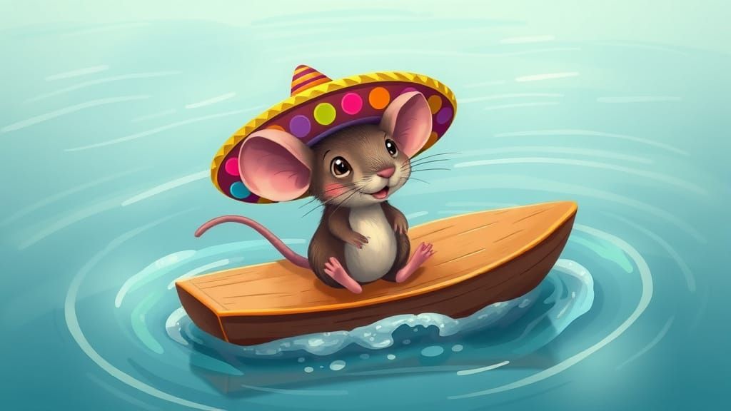 Mouse in Sombrero on Raft: Whimsical Illustration