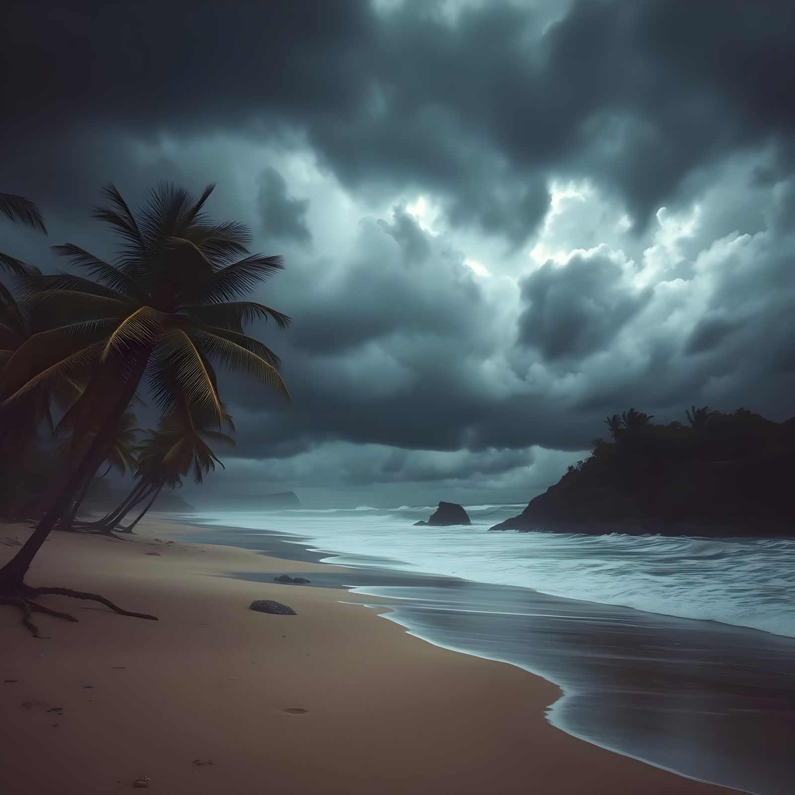 Stormy Beach with Crashing Waves and Dark Clouds