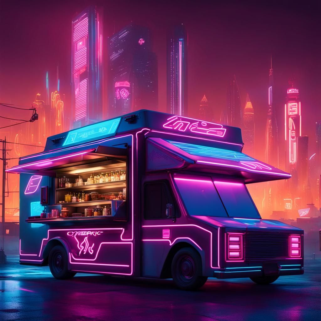 Futuristic Neon Food Truck Selling Cybernetic Parts