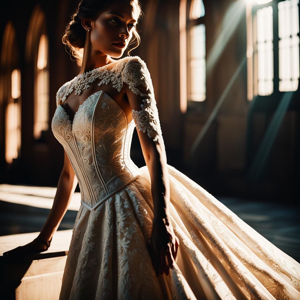 Elegant Wedding Dress Portrait in Golden Hour Lighting