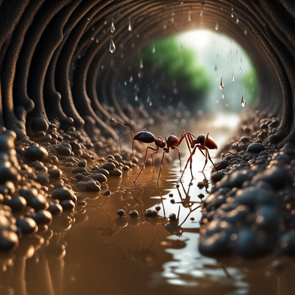 Describe the bustling life of an ant colony from the viewpoint of a single worker antdrink water from rain drop.