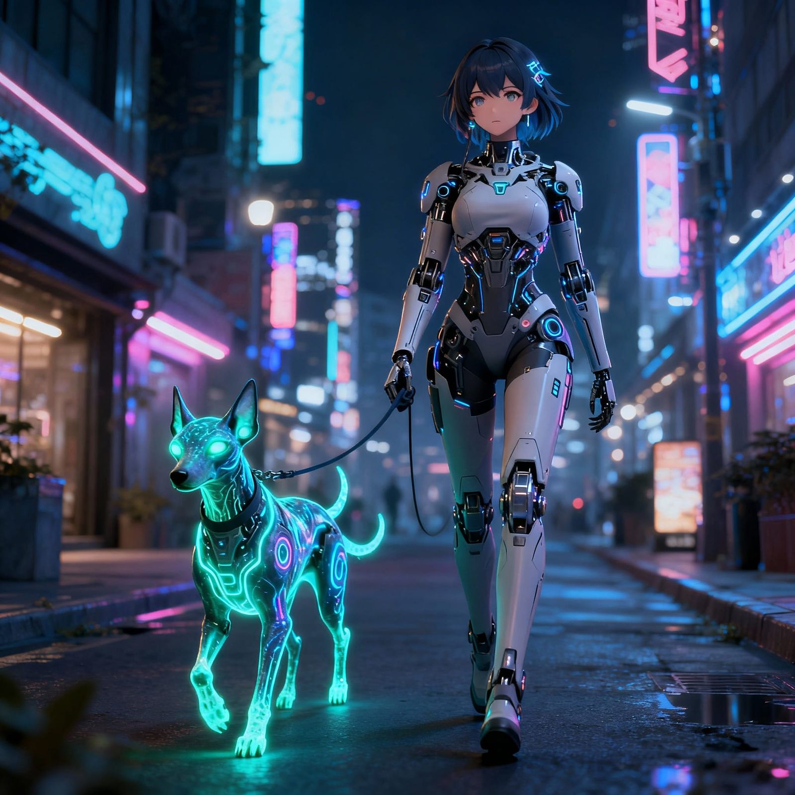 Cyborg Woman Walks Alien Dog on Neon Street