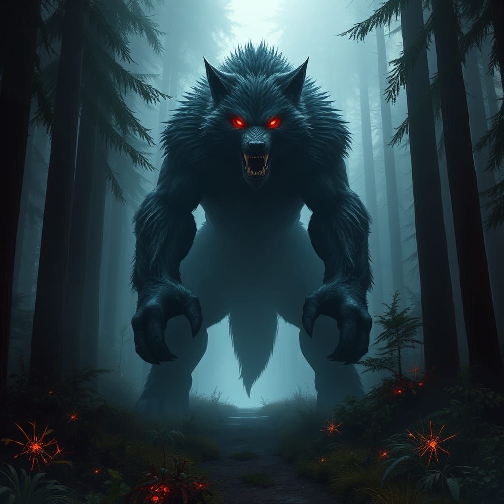 Menacing Wolf Creature in Misty Forest
