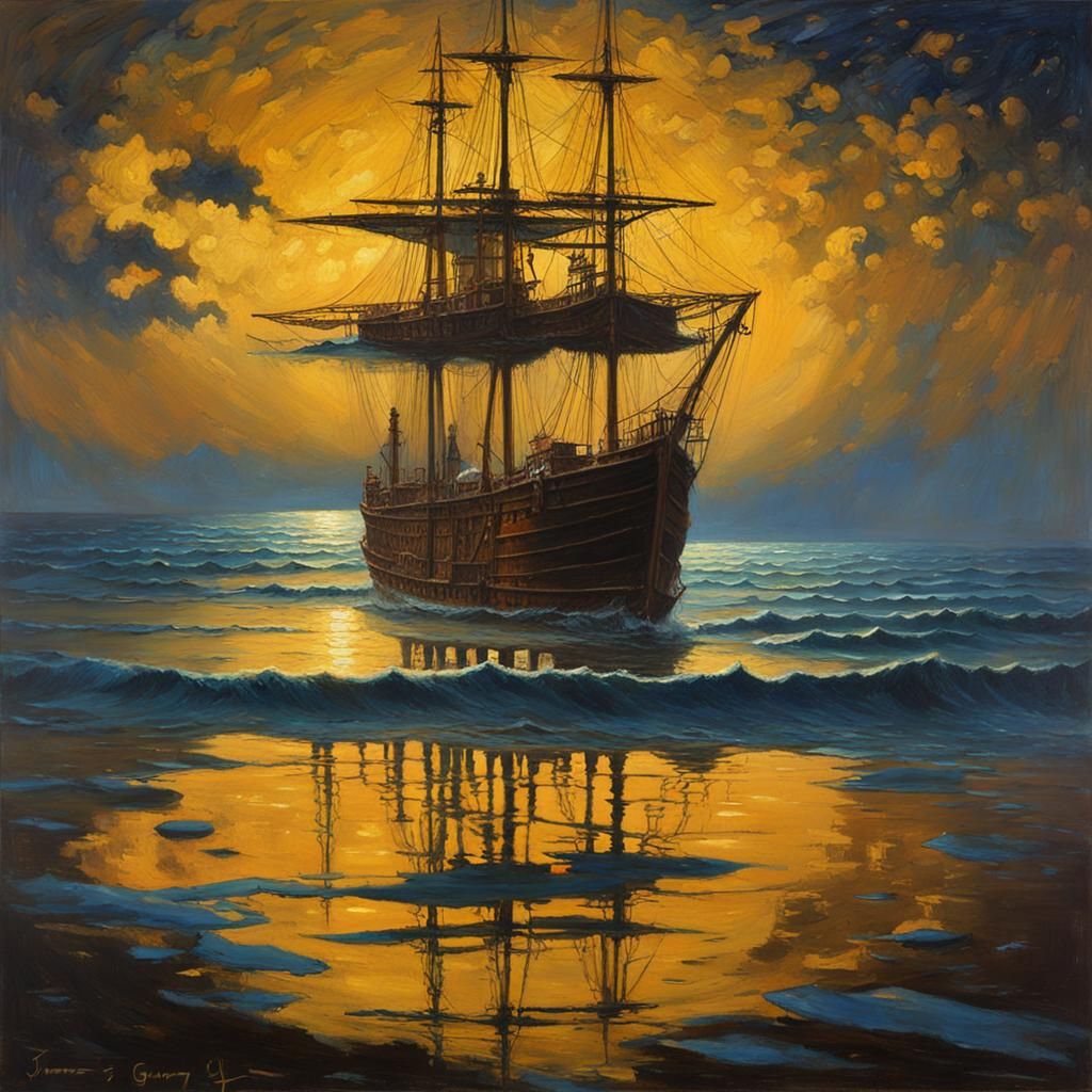 Golden Ocean Reflection: Oil Painting of Dreamlike Voyage