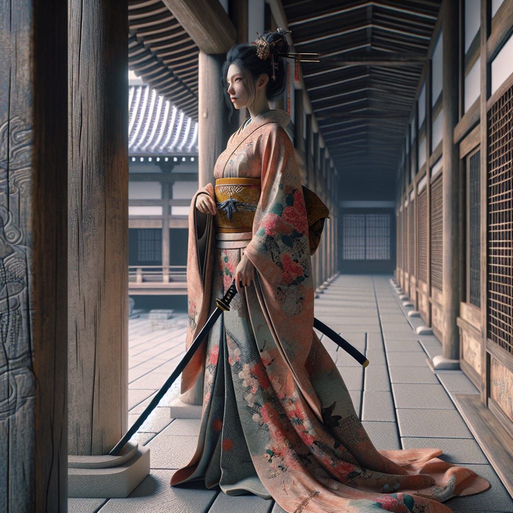 The image is of a beautiful Kunoichi dressed in the remains of a beautiful silk kimono holding a katana.  She is standin...