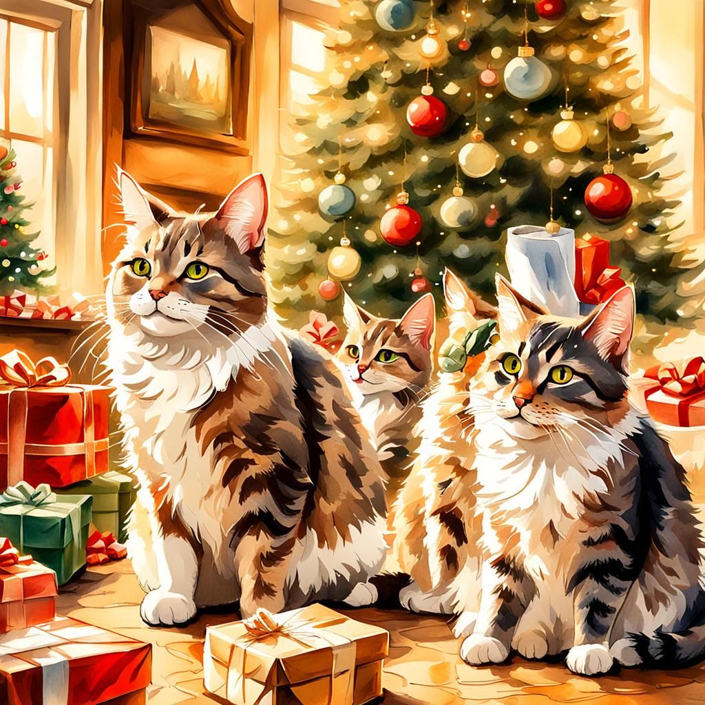 Christmas with Fluffy Cats: A Watercolor Scene