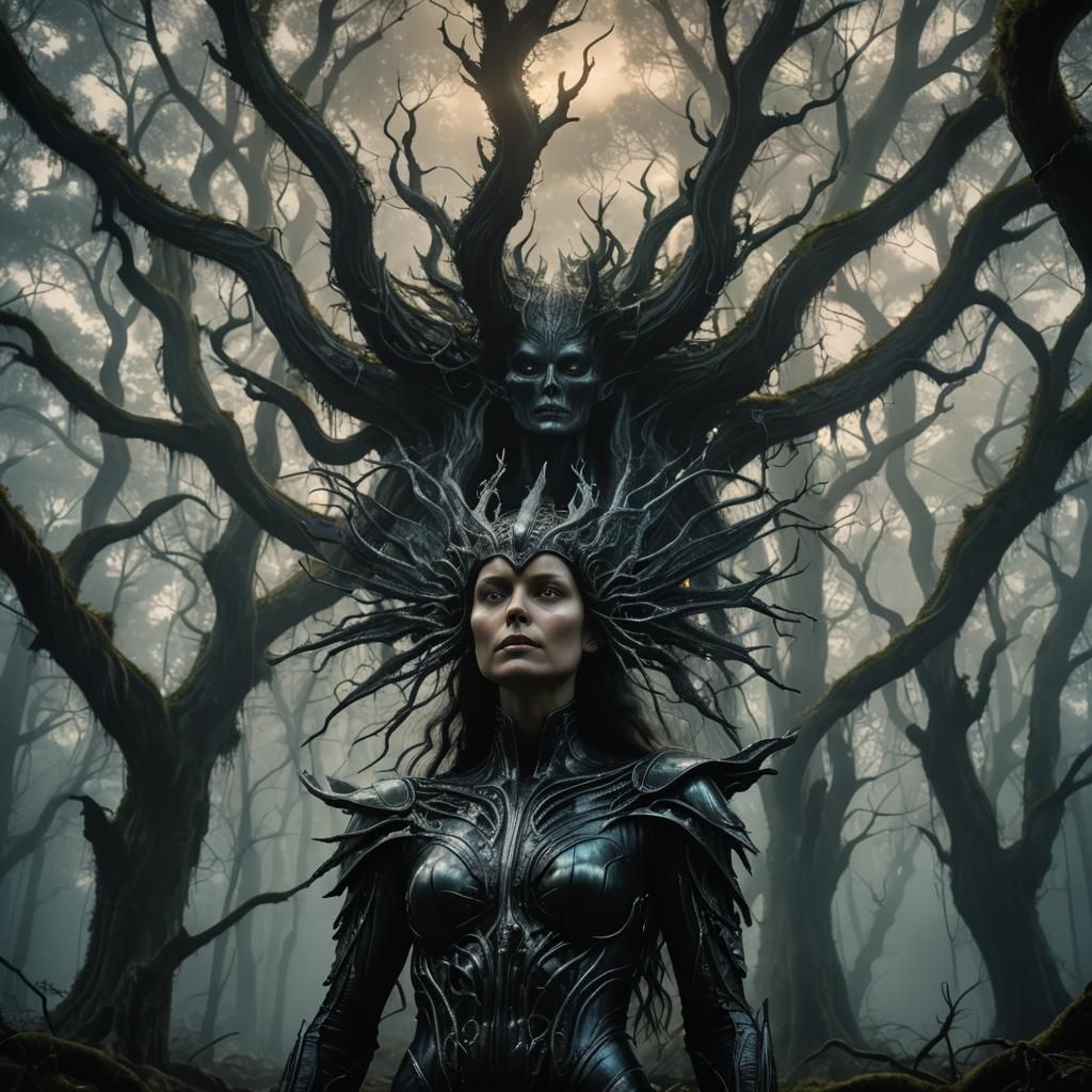 Mystical Angel Devil Woman in Dark Forest