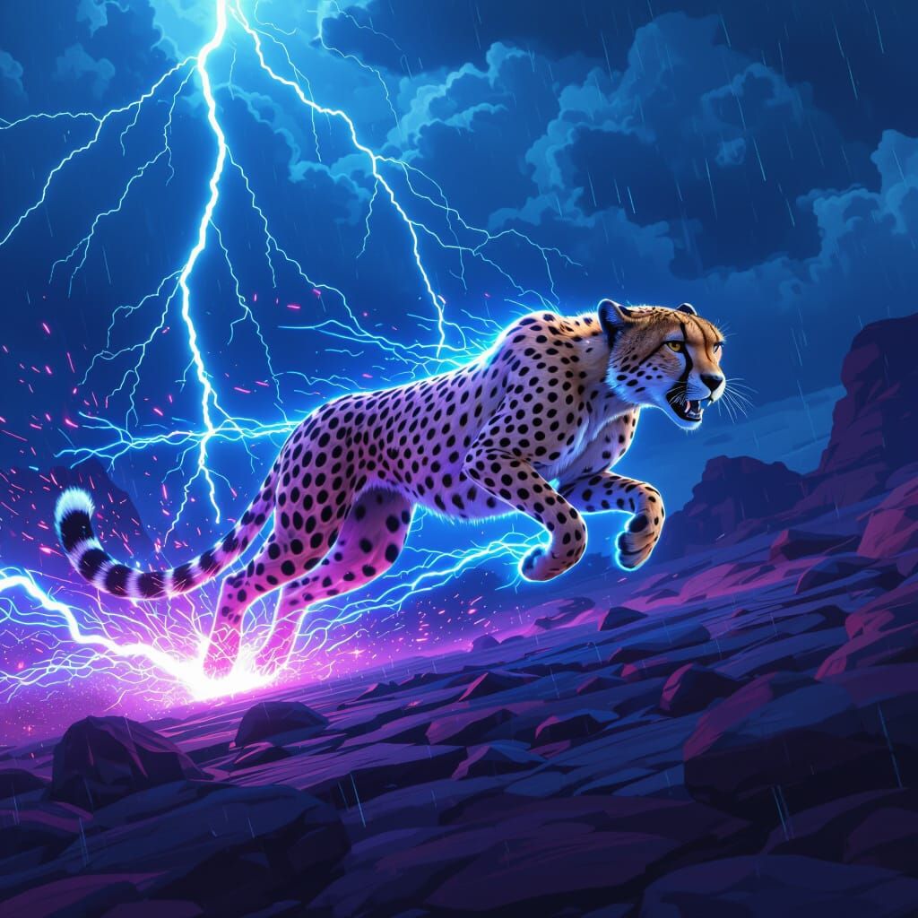Electrified Cheetah Sprinting Across Rocky Terrain