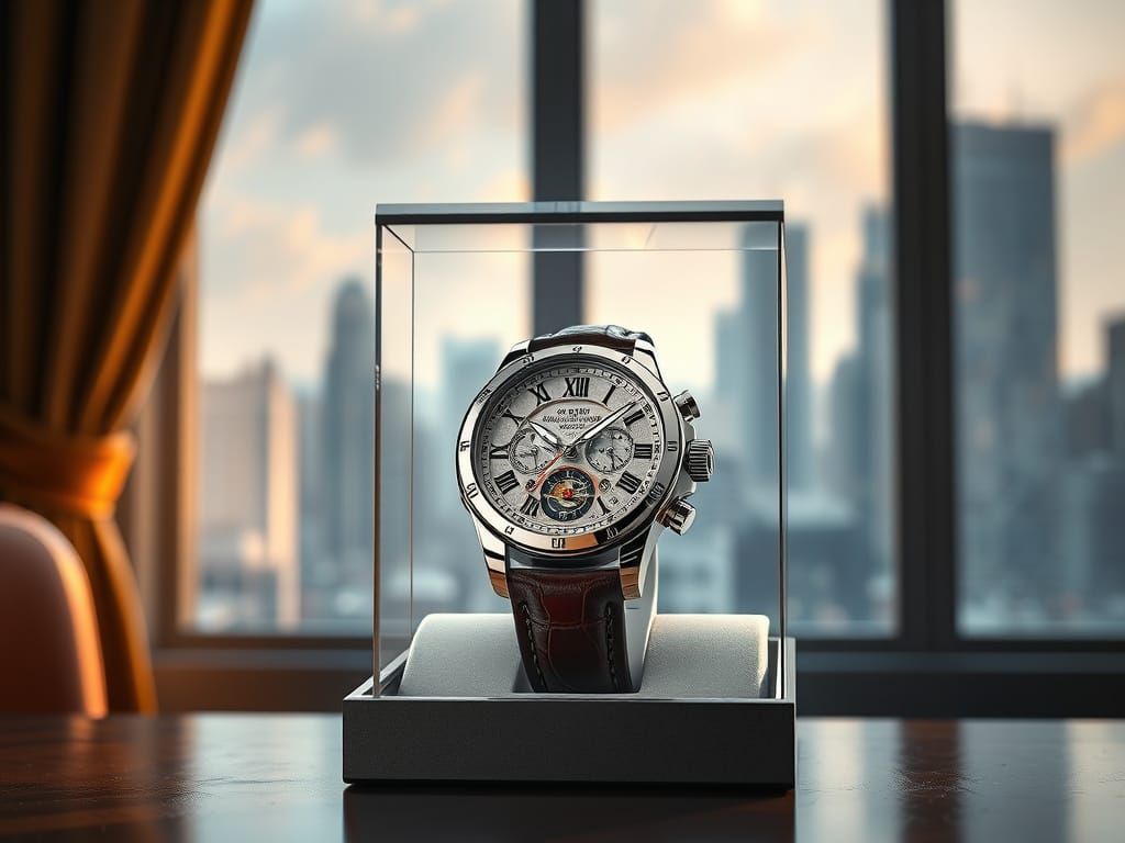 Luxurious Skeleton Watch in Cityscape Display